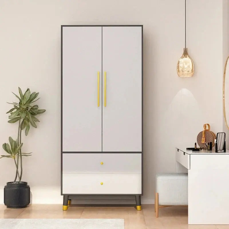 Wooden 2-Door Armoire Wardrobe Closet With 2 Drawers And Clothes Rail - 70.9H x 31.5W x 19.1D
