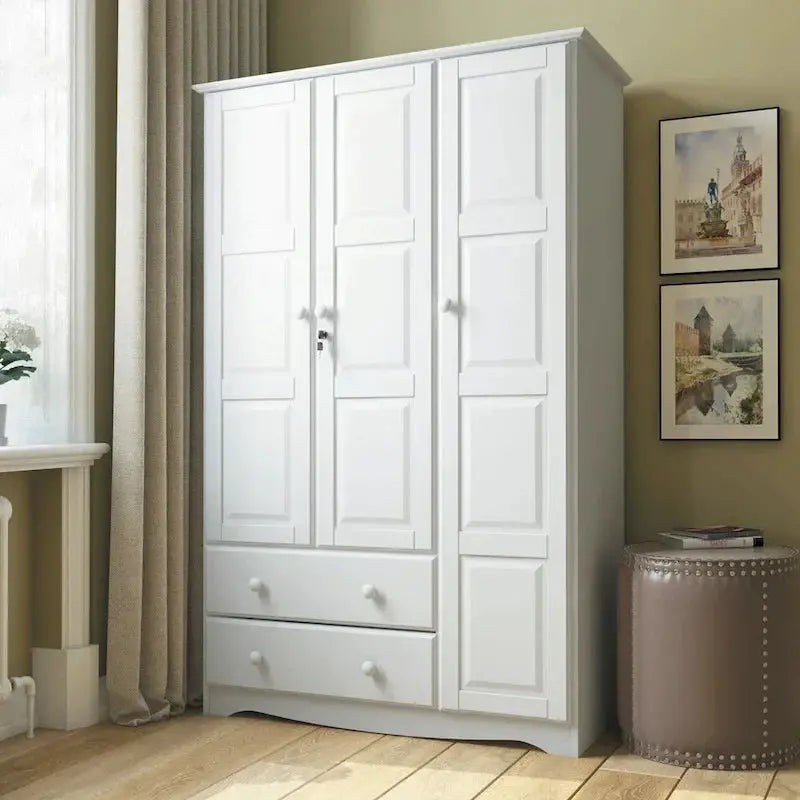 Solid Wood Three-Door Wardrobe Armoire With Two Drawers, 72in H x 45.8in W x 20.75in D