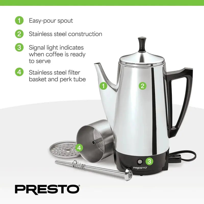 Presto Stainless Steel Percolator Coffee Maker, 2 To 12 Cups, Silver