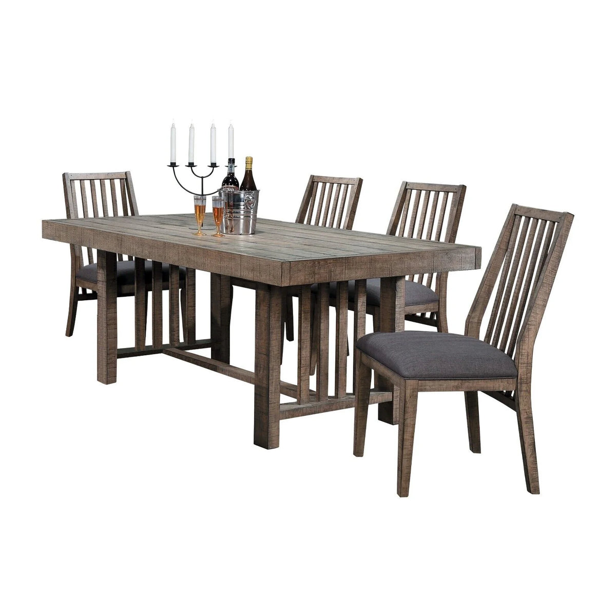 Rustic Design Wooden Side Chairs 6pc Set With Padded Gray Fabric Seats - Natural Weathering Look