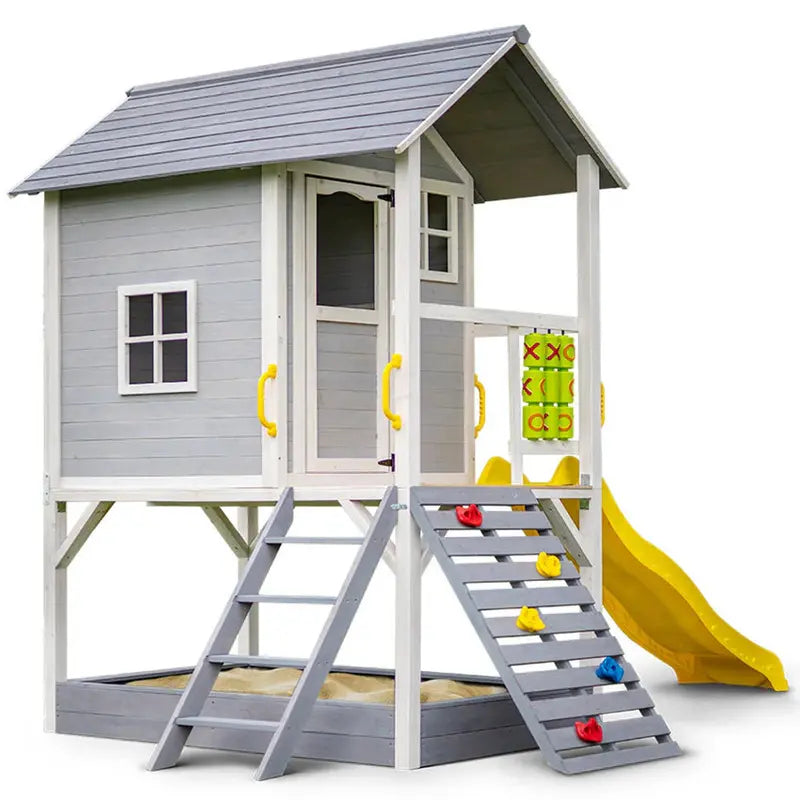 ROVO Wooden Tower Cubby House With Slide, Sandpit, Climbing Wall And Tic-Tac-Toe Panel, Grey, 236 x 176 x 248cm - PLYCBHRV4GYA