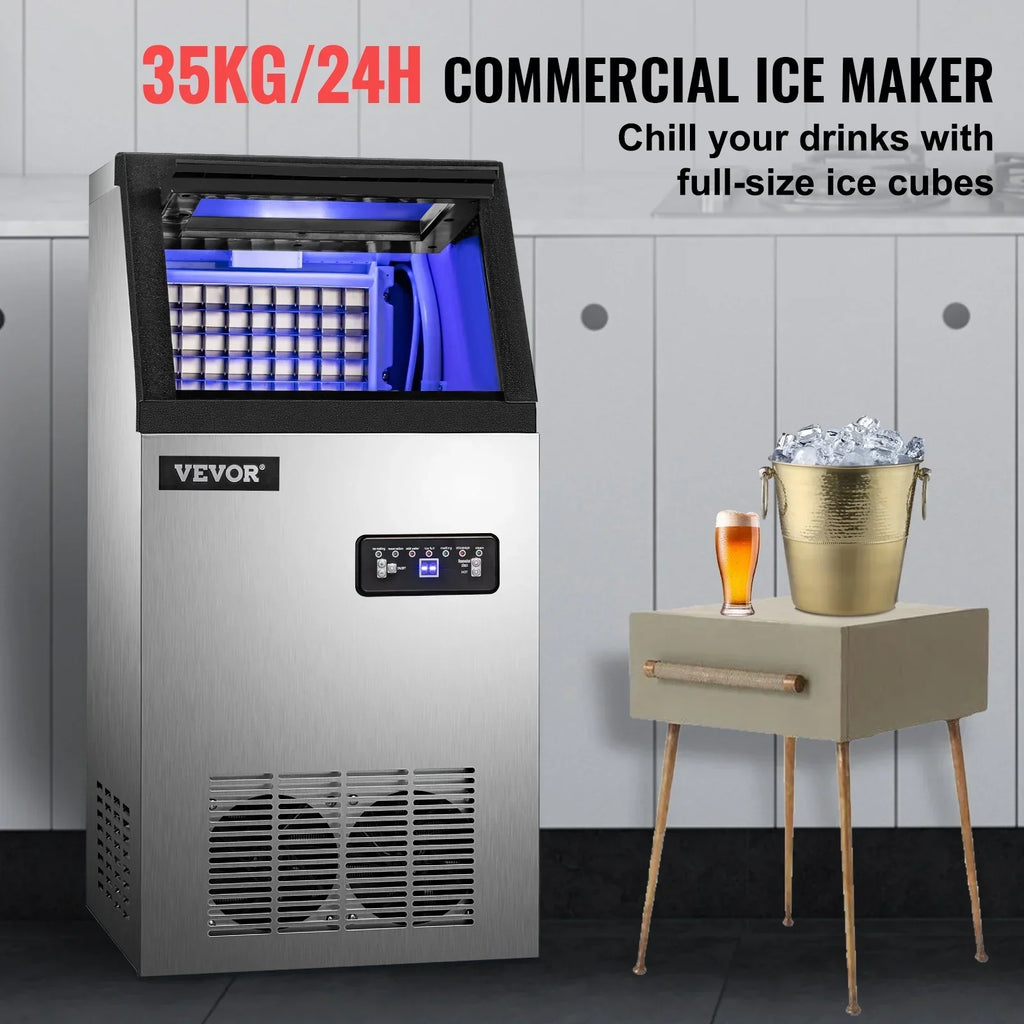 SKYSHALO 110V Commercial Ice Maker, 120lbs/24h, 29lbs Storage, 5x9 Cubes, Stainless Steel