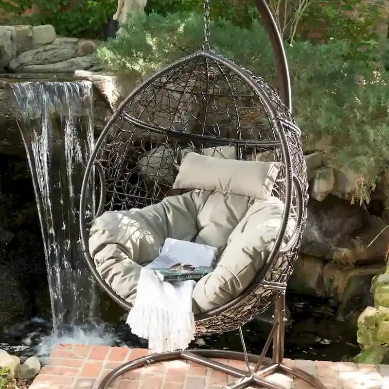 Weatherproof Wicker Hanging Basket Chair With Cushions, 300 lb Capacity