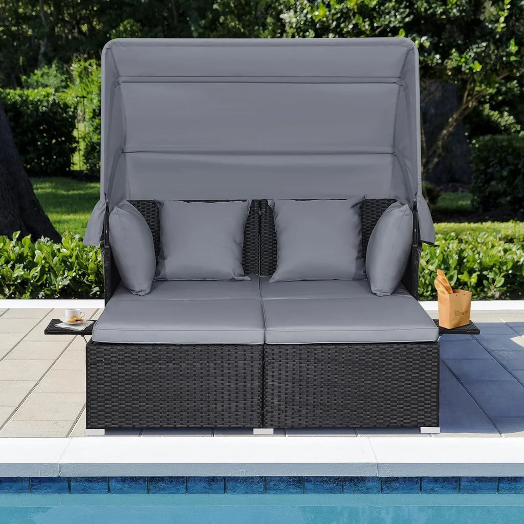 RELAX4LIFE Patio Daybed With Canopy, Cushions, 4 Pillows And 2 Side Trays, Turquoise - B0BYSN7GC7