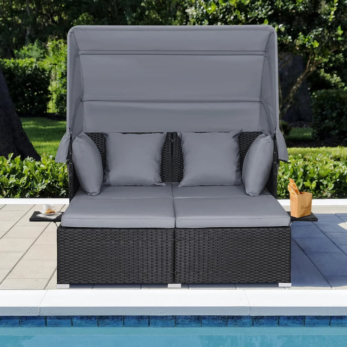 RELAX4LIFE Patio Daybed With Canopy, Cushions, 4 Pillows And 2 Side Trays, Turquoise - B0BYSN7GC7