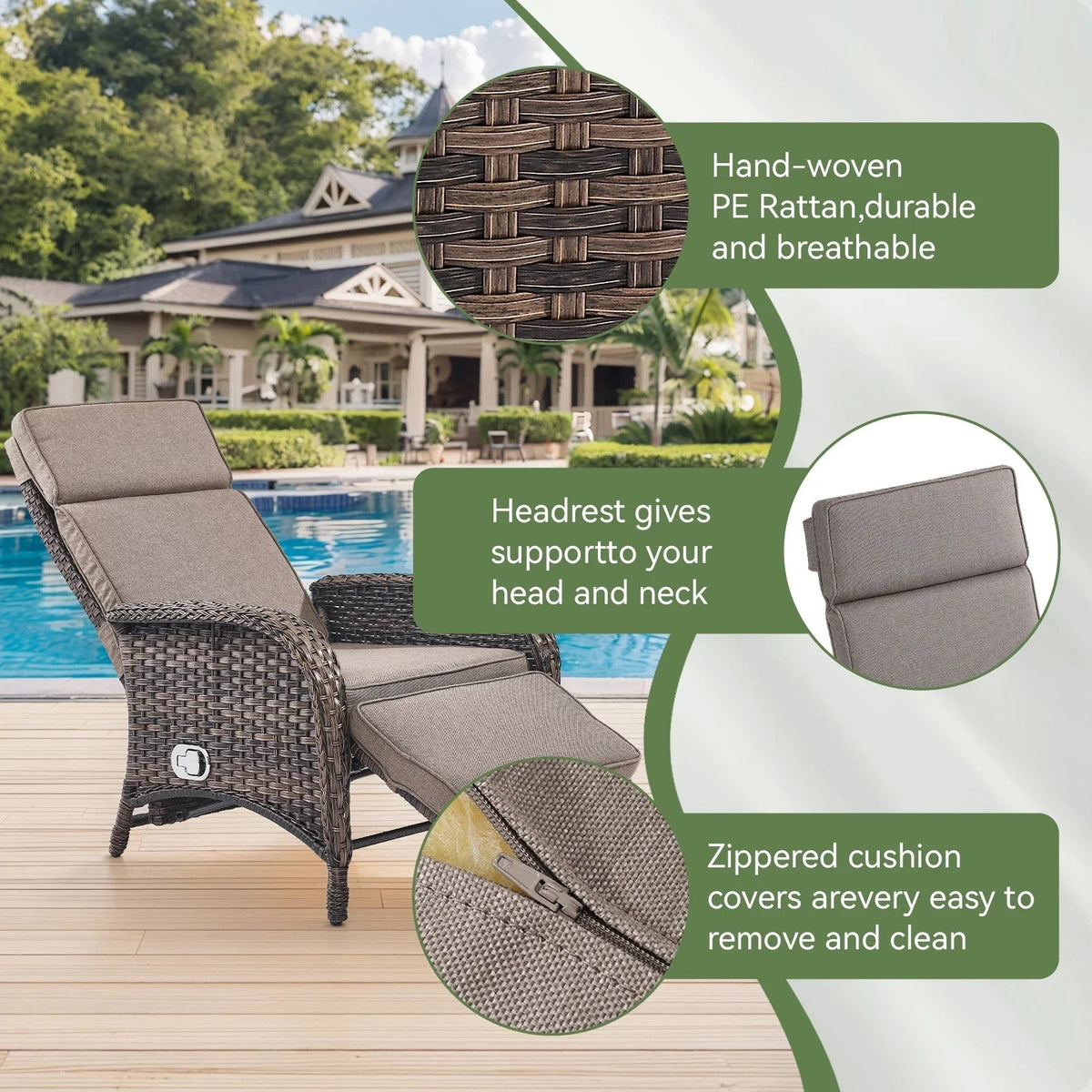 OPOHORO Outdoor Recliner Chair With Cushion, Beige, 1-Pc
