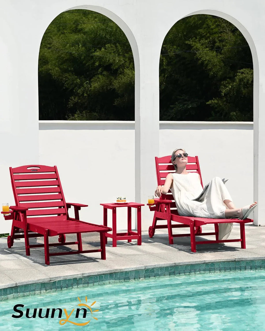 SUUNYN HDPE 6-Position Outdoor Chaise Lounge Chair With Wheels And Cup Holder - Teak