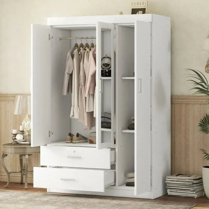 3-Door Mirror-Front Wardrobe With Integrated Shelving And Dual Storage Drawers