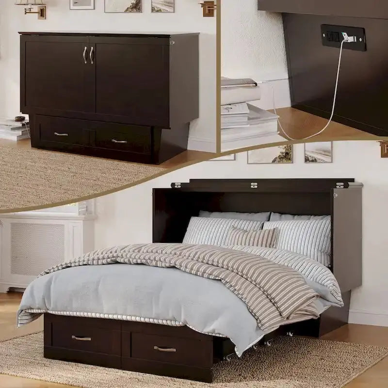 Monroe Full-Size Murphy Bed Chest With Memory Foam Mattress And Storage Drawer