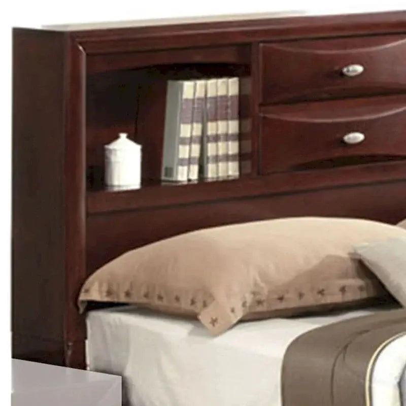 Panel-Style Queen Bookcase Bed With Built-In Drawers - Warm Brown Finish