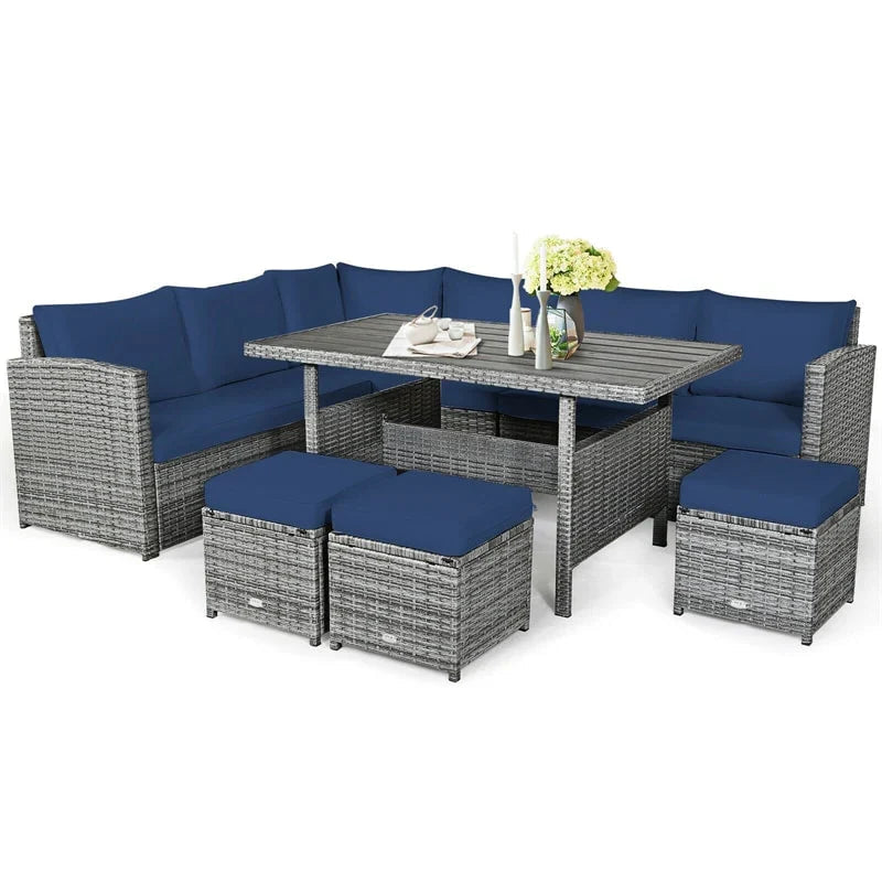 7-Piece Resin Wicker Outdoor Sectional Sofa Set With Dining Table, Ottomans And Cushions