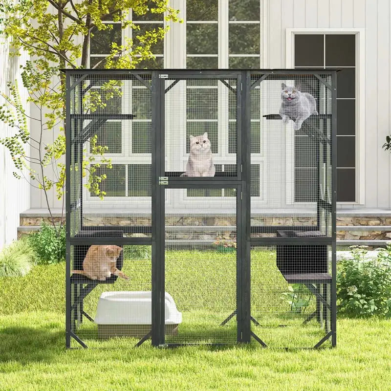 71-Inch Outdoor Wooden Catio Enclosure With 7 Platforms And 2 Condos - Grey