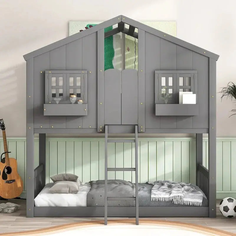 Twin-Over-Twin Playhouse-Style Bunk Bed - Grey With Roof, Window & Safety Rails