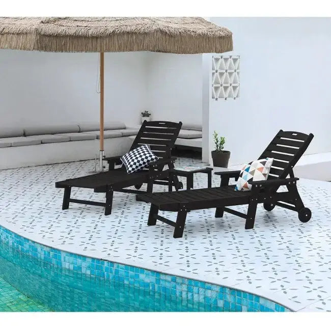 3-Piece All-Weather Patio Set With 2 Adjustable Chaise Lounges And Rolling Side Table, 75.20 x 28.74 x 39.17 in