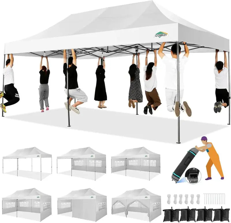 COBIZI 10x20 ft Commercial Pop-Up Canopy Tent With 6 Sidewalls And Roller Bag