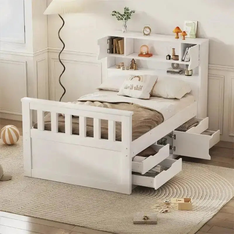 Twin/Full Captain Bed With 4 Drawers And Bookcase Headboard - Solid Wood Platform Frame