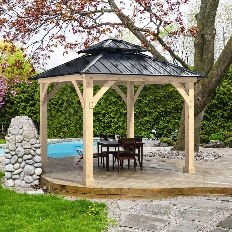 Hardtop Patio Gazebo, 10 x 10 FT, Gray, Wood And Steel