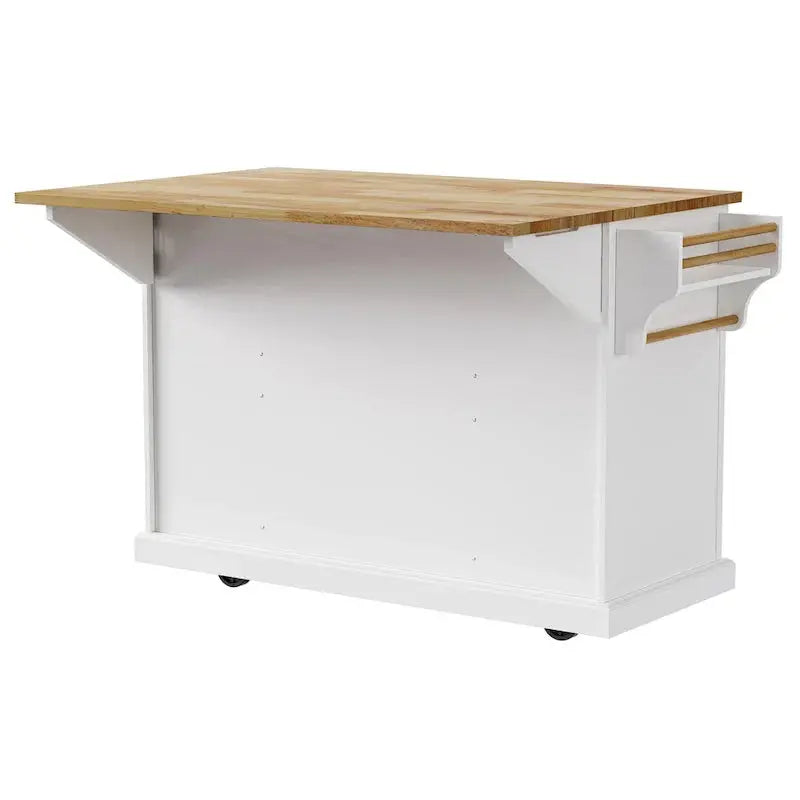 White Rolling Kitchen Island Cart With Drop-Leaf Wood Top, Embossed Finish, Doors And Drawers