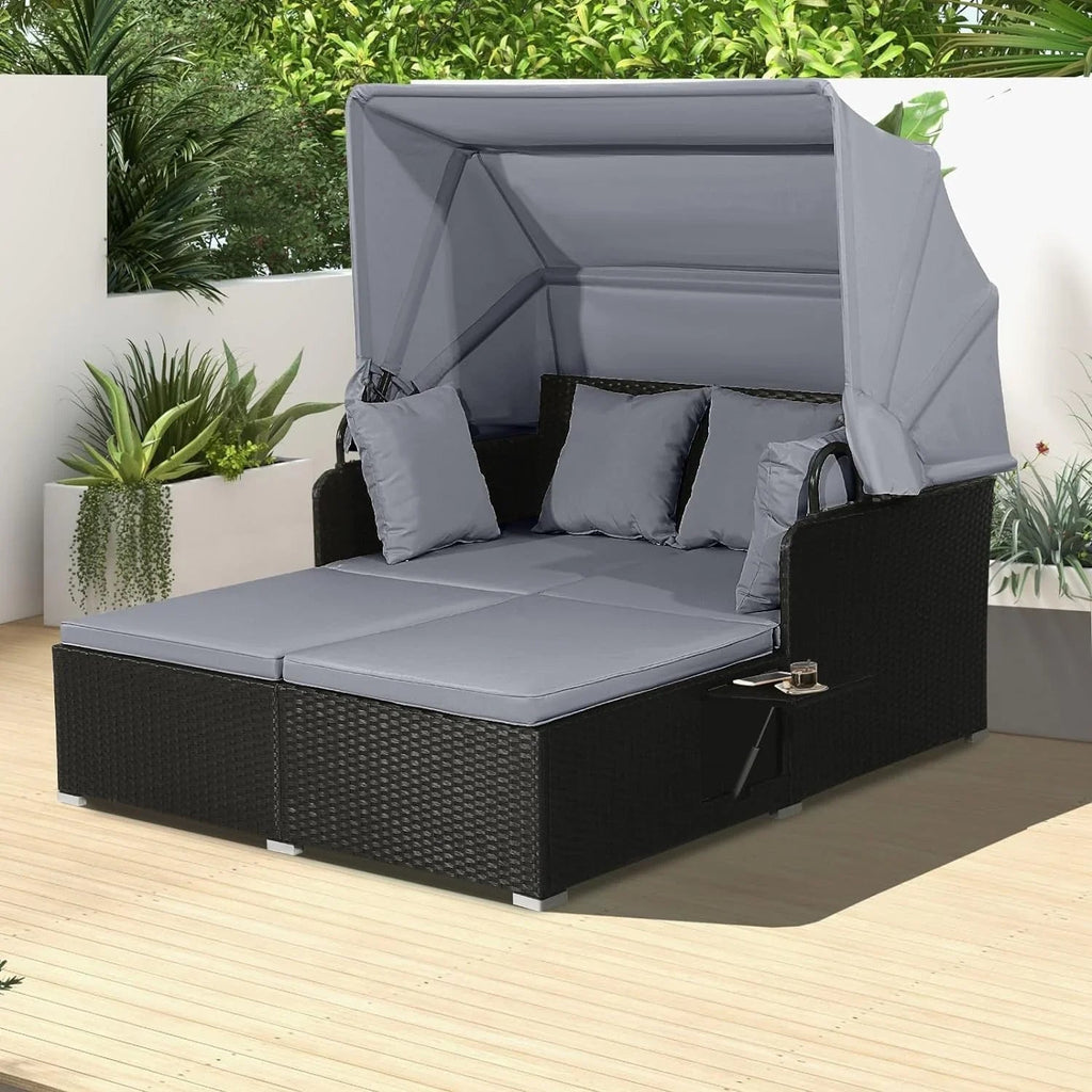 RELAX4LIFE Patio Daybed With Canopy, Cushions, 4 Pillows And 2 Side Trays, Turquoise - B0BYSN7GC7