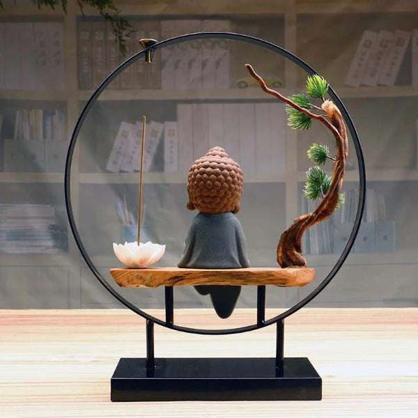 Sitting Buddha Backflow Incense Burner With Tree And Lotus Stick Holder - 7.9in x 3.7in x 13.8in