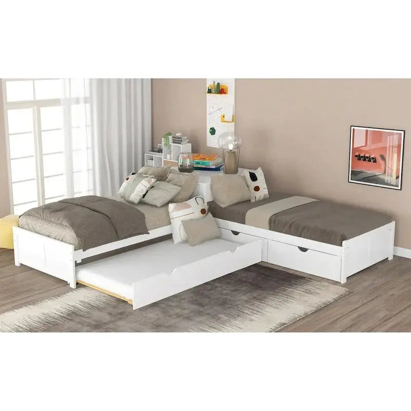 Modern White L-Shaped Twin Platform Bed With Built-In Trundle And Storage Drawers