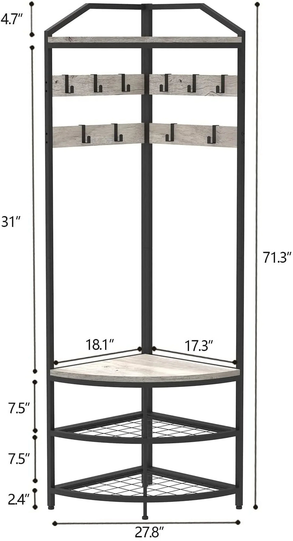 SQRTYVG Corner Hall Tree With Shoe Bench, 10 Movable Metal Hooks, Black - 71.3x18.1x18.1in