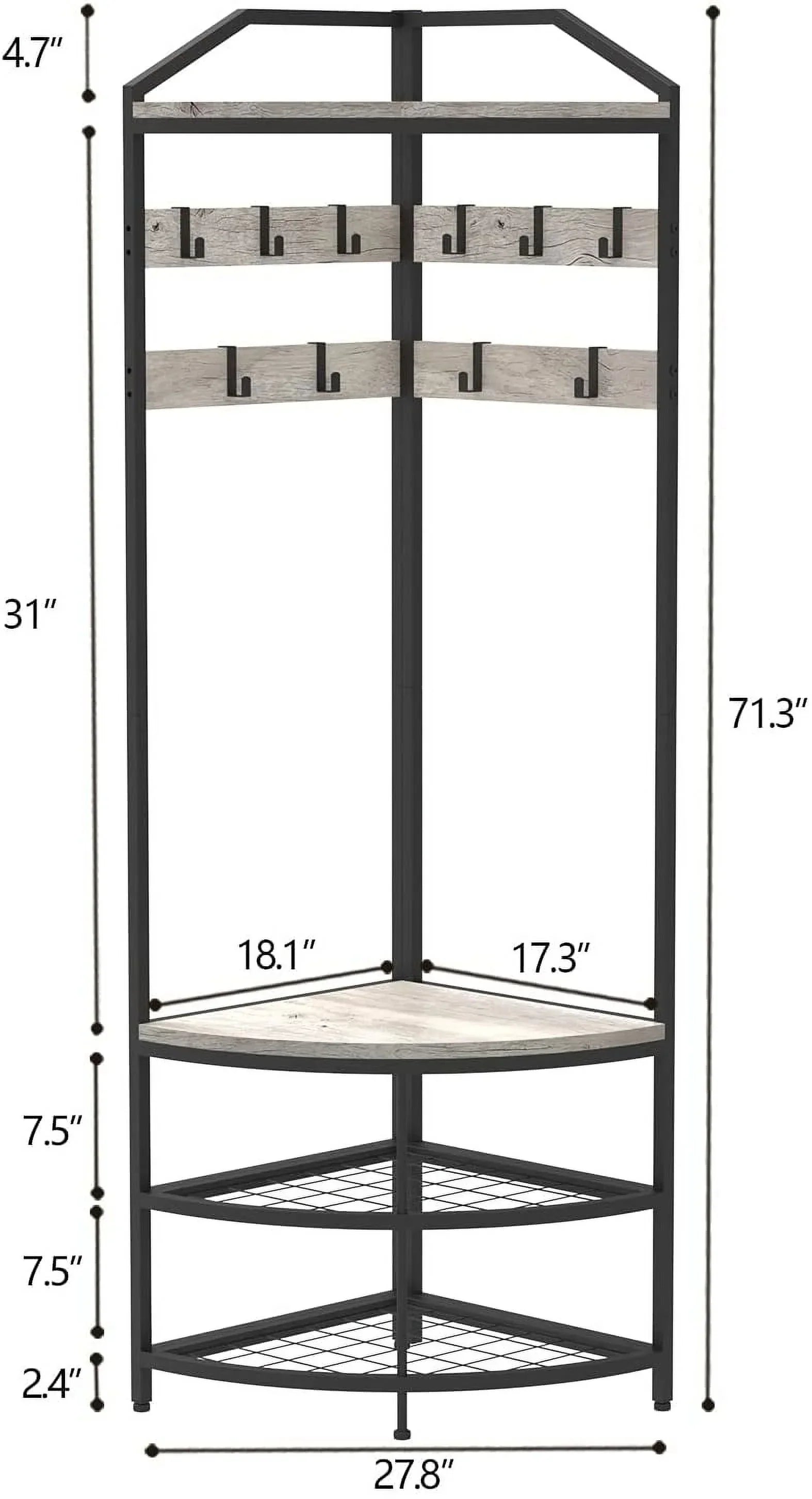 SQRTYVG Corner Hall Tree With Shoe Bench, 10 Movable Metal Hooks, Black - 71.3x18.1x18.1in