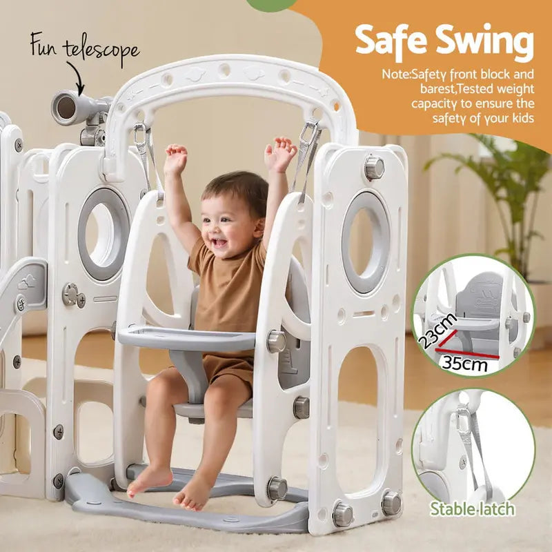 Keezi 4-In-1 Outdoor Play Set With Slide, Swing, Basketball Hoop And Football Ring - Grey And White, 246CM x 147CM x 106.5CM