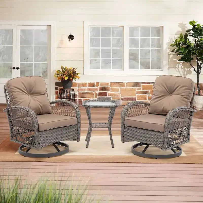 3-Piece Outdoor Swivel Rocker Conversation Set With Tempered Glass Coffee Table