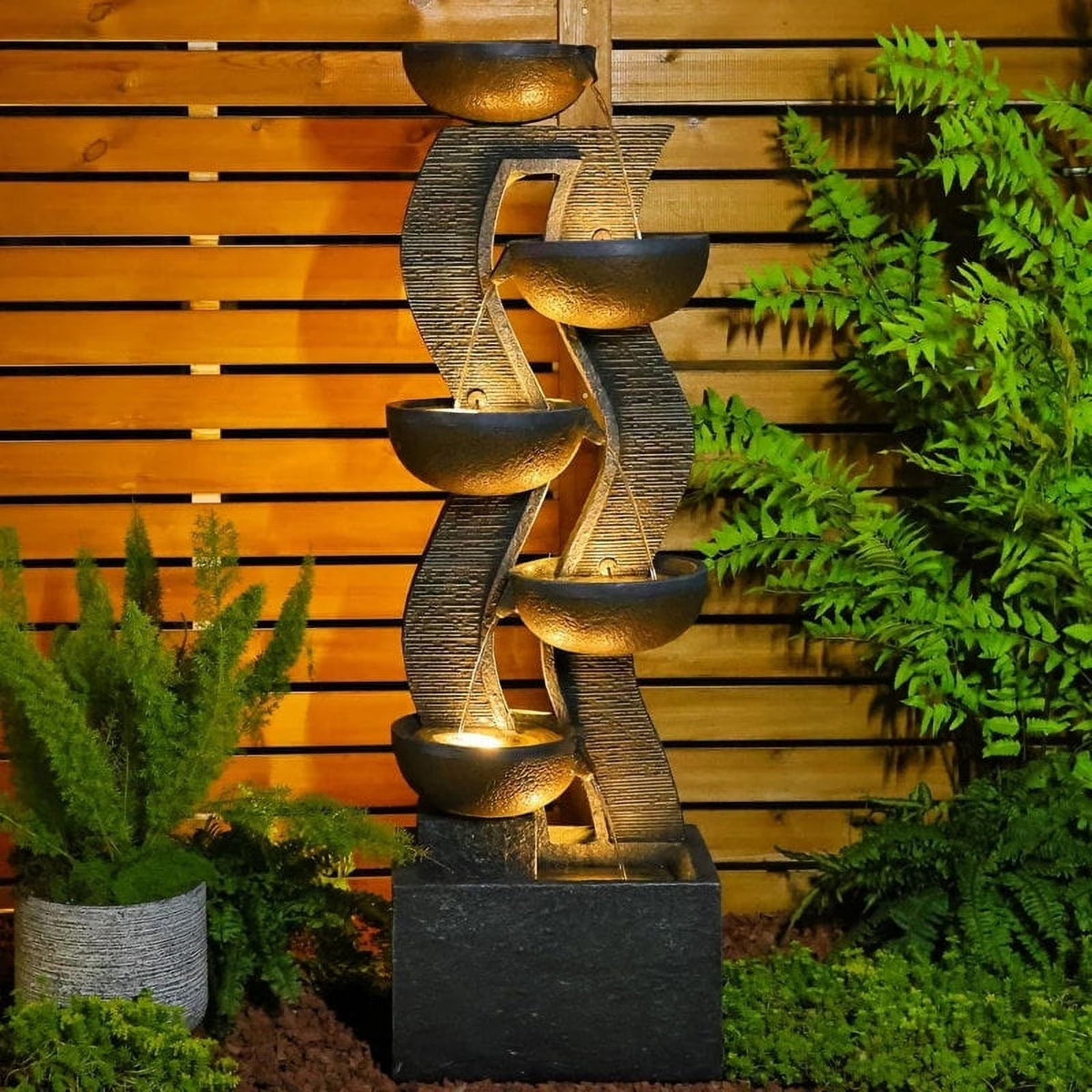 6-Tiered Outdoor Garden Water Fountain With Light, 16.77in L X 13.85in W X 52.8in H