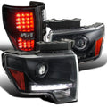 Spec-D Tuning Black LED Strip Bar Projector Headlights With LED Fog Lamps Compatible With 2009-2014 Ford F150 - Left And Right Pair