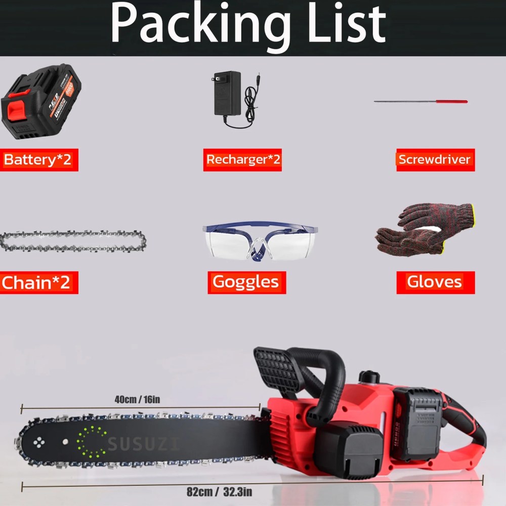 16 Inch 42V Brushless Cordless Chainsaw Kit, 1200W With 2x2000mAh Batteries And 2 Chains