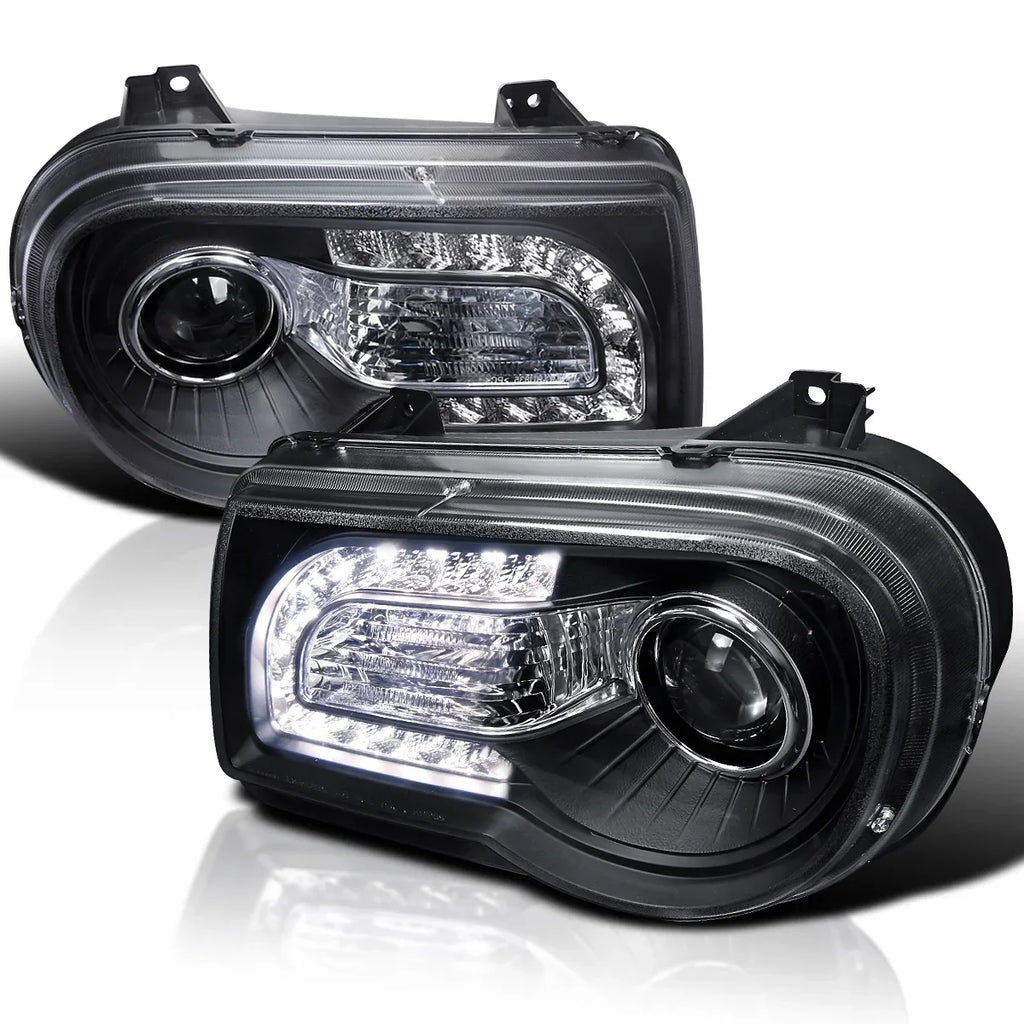 Spec-D Tuning Black LED Strip Projector Headlight Assembly Pair - 2005-2010 Chrysler 300C AWD HEMI SRT-8