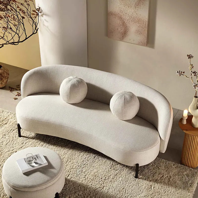 Beige Linen-Blend Curved 3-Seater Sofa With Ball Cushions, W 81.9 x D 37 x H 30.7 in - A120