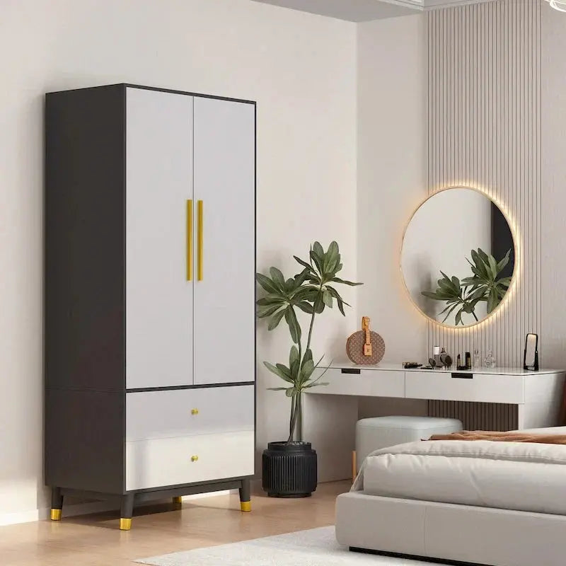 Wooden 2-Door Armoire Wardrobe Closet With 2 Drawers And Clothes Rail - 70.9H x 31.5W x 19.1D