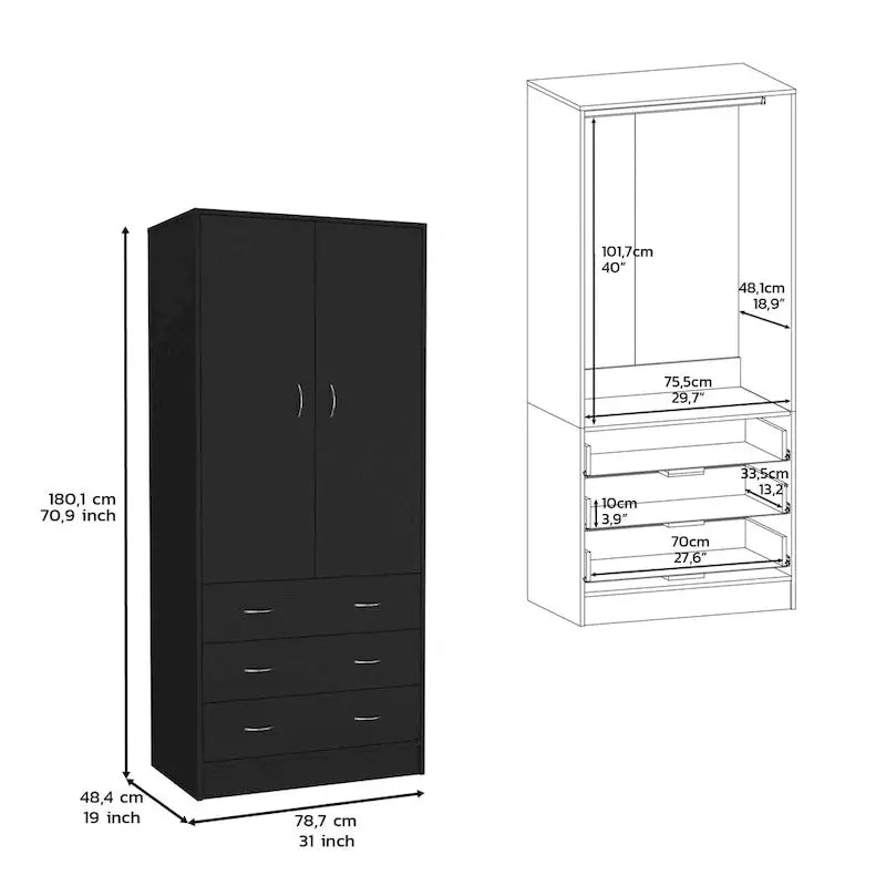 Devali Blue Double-Door Armoire Wardrobe Cabinet With Hanging Rod And Three Drawers - 19-Inch Wide