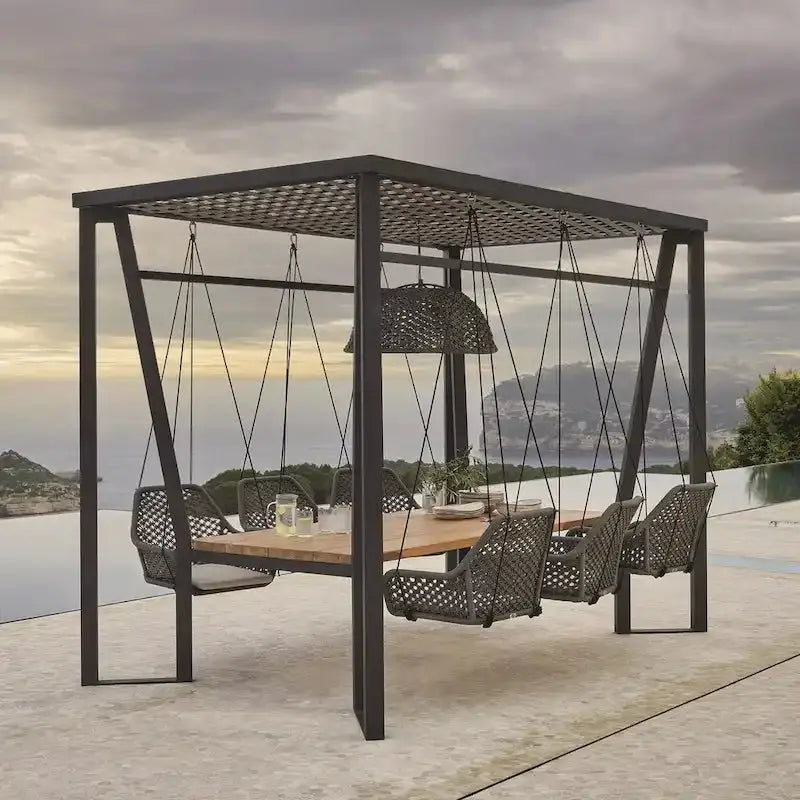 Skyline Design Horizon Pergola System With Integrated Lighting, Hanging Chairs And Teak Dining Table - 123 W x 73 D x 102 H