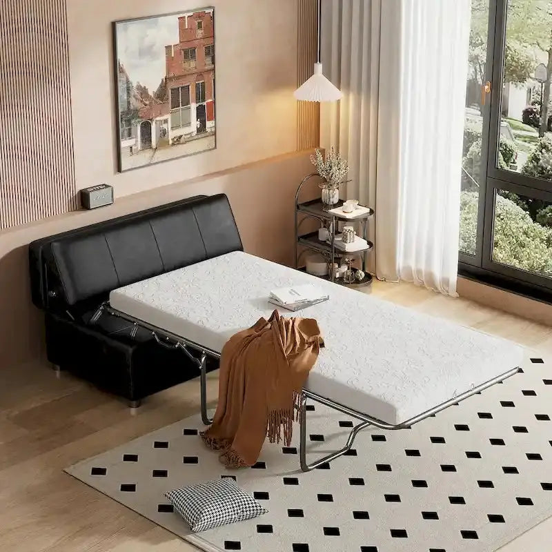 Twin-Fold Ottoman Sleeper Bed With PU Upholstery And Integrated Mattress