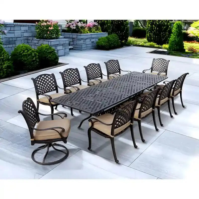 Darlee Nassau 11-Piece Cast Aluminum Outdoor Dining Set With 8 Chairs, 2 Swivel Rocker Chairs And Extendable Table - Antique Bronze