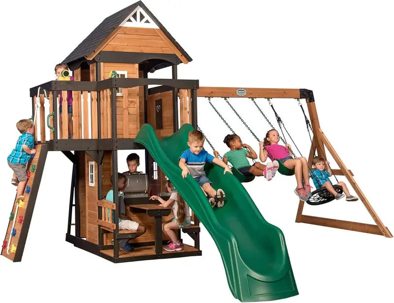 Backyard Discovery Cedar Canyon Creek Swing Set With Clubhouse, Slide, Rock Wall And Multiple Play Zones
