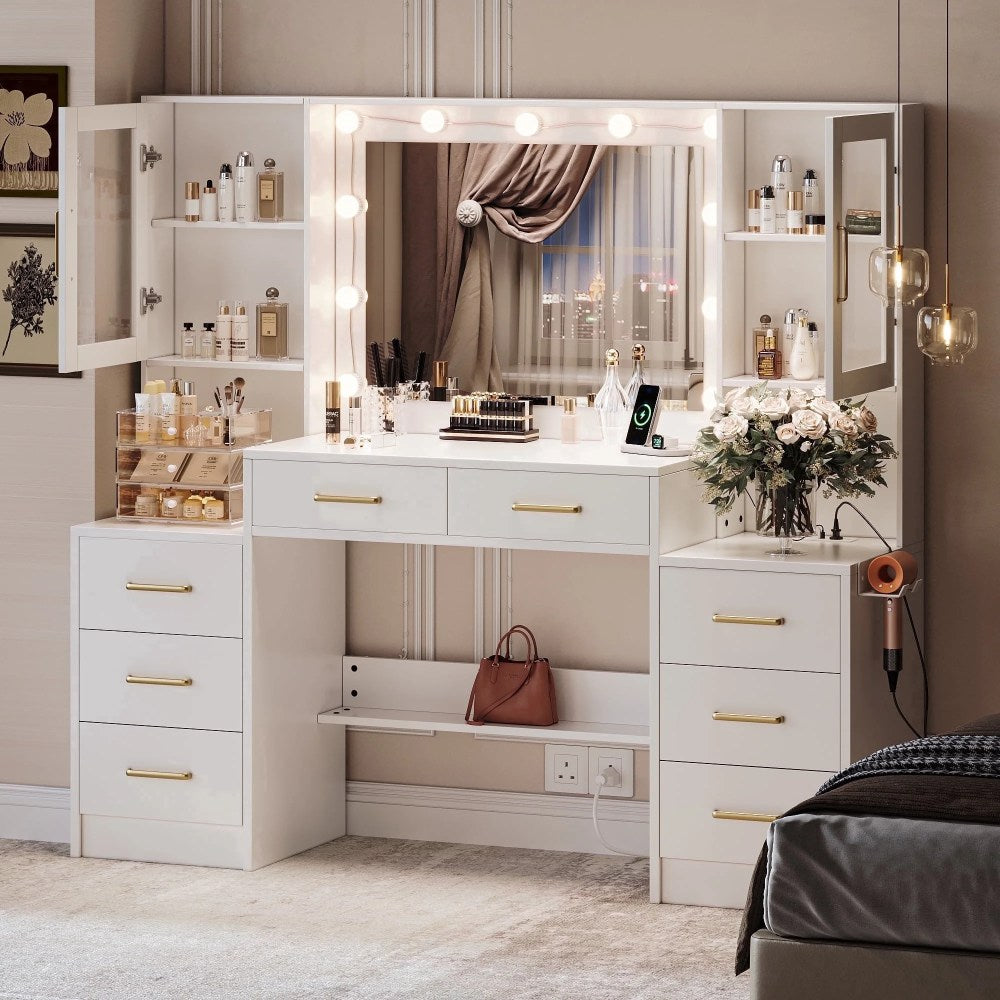 UGTOO LED Makeup Vanity Desk With Mirror, 58.27in, 10 Adjustable LED Bulbs, 8 Drawers, 2 Cabinets, White