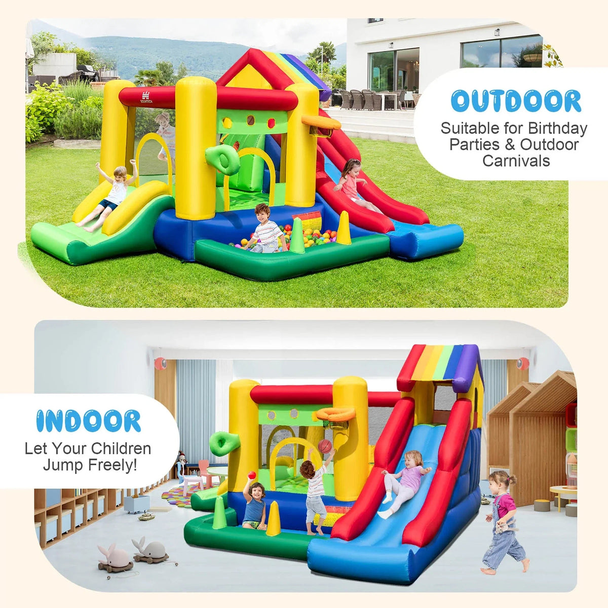 Costway 7-In-1 Rainbow Kids Inflatable Bounce Castle, 151.5 x 128 x 90.5 in, 50 Ocean Balls, 735W Blower