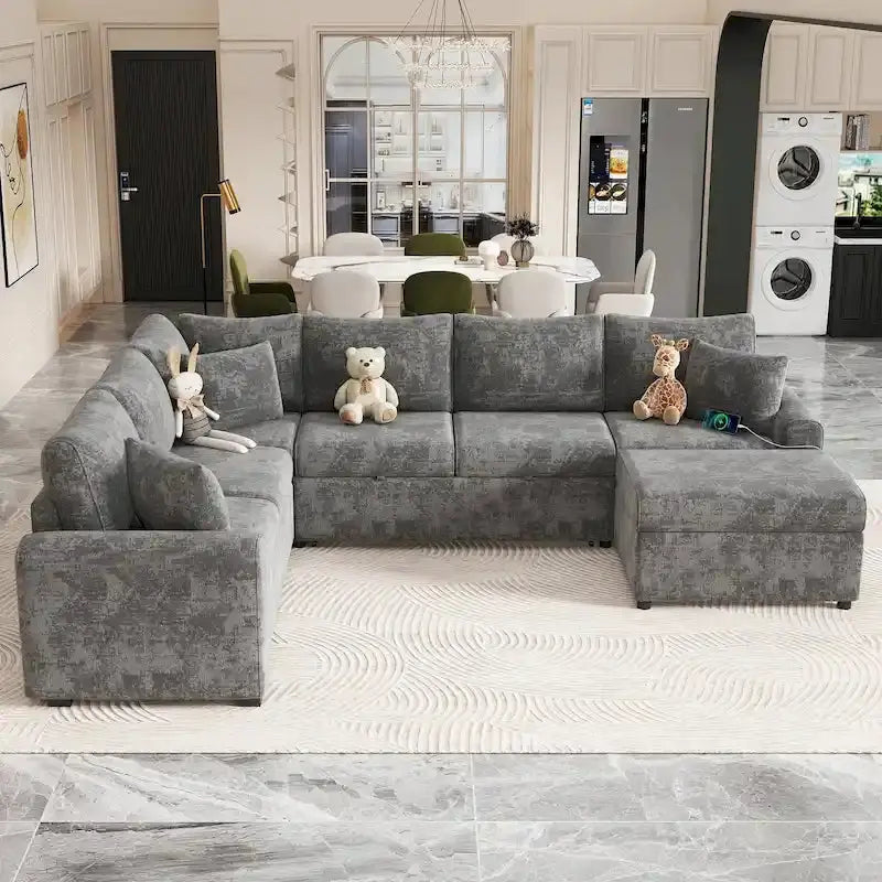 Modular Sectional Sofa Bed With Pull-Out Sleeper, Storage Ottoman, 112.2D x 86.2W x 35.8H