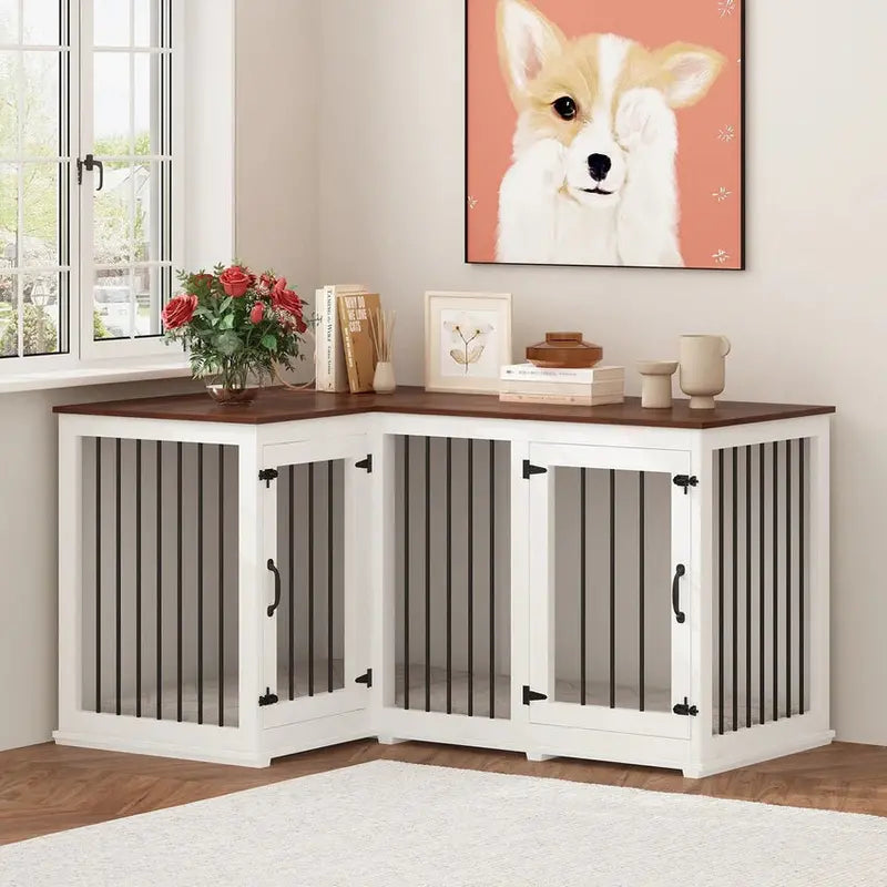 L-Shaped Corner Dog Crate Furniture, 58.7 in x 41.1 in