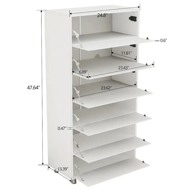 Mirror-Front Shoe Cabinet With Six Flip-Down Drawers And Four Metal Legs