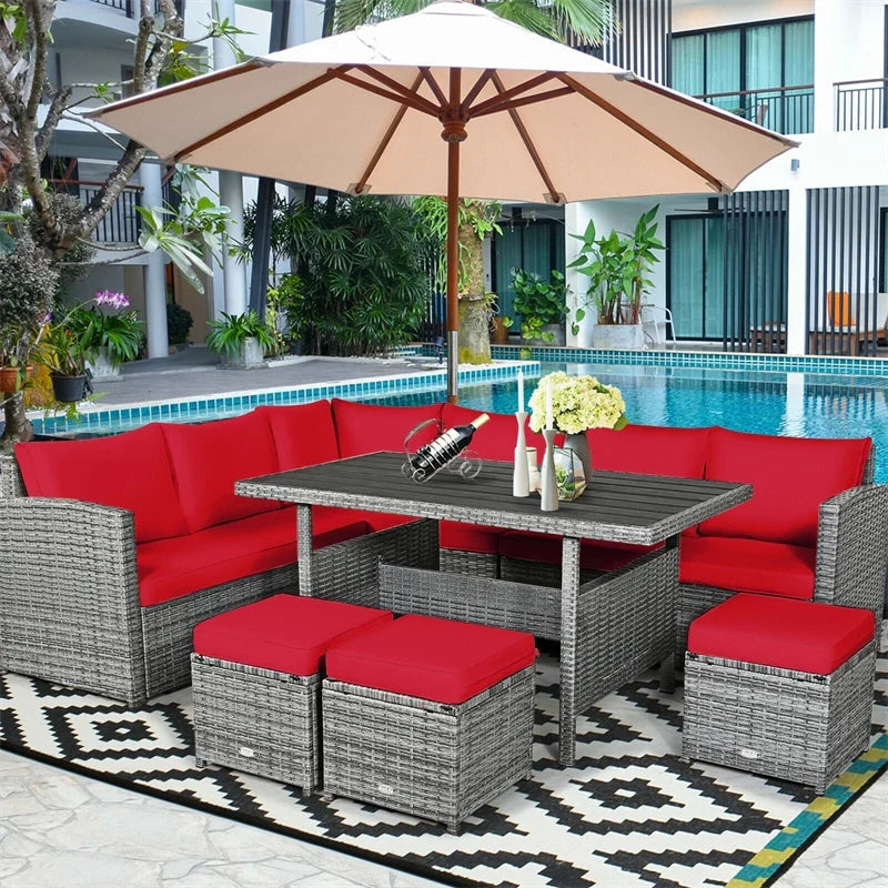 7-Piece Resin Wicker Outdoor Sectional Sofa Set With Dining Table, Ottomans And Cushions