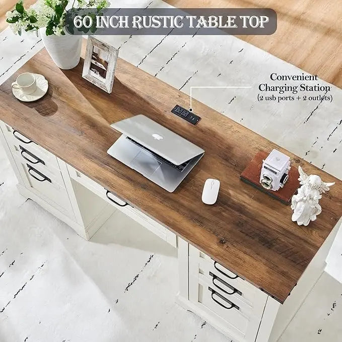 Farmhouse Executive Computer Desk 60-Inch Solid Wood