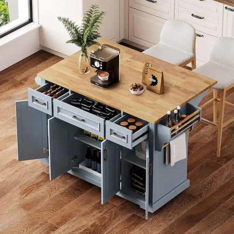 Rubberwood Rolling Kitchen Island Cart, 54.1L x 29.5W x 35.9H, 4 Doors, 3 Drawers