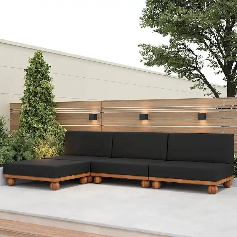 Scott Living Dulcie 4-Piece Acacia Wood L-Shaped Outdoor Sectional, 29.92D x 106.29W x 27.95H, Ottoman 31.10D x 35.43W x 11.81H