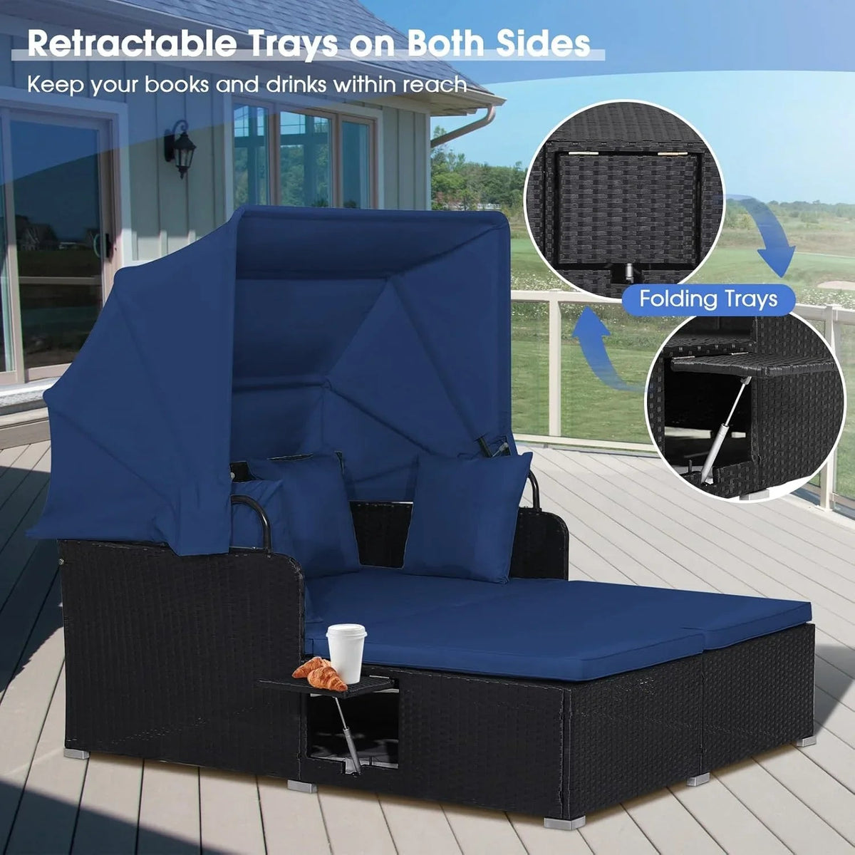 RELAX4LIFE Patio Daybed With Canopy, Cushions, 4 Pillows And 2 Side Trays, Turquoise - B0BYSN7GC7